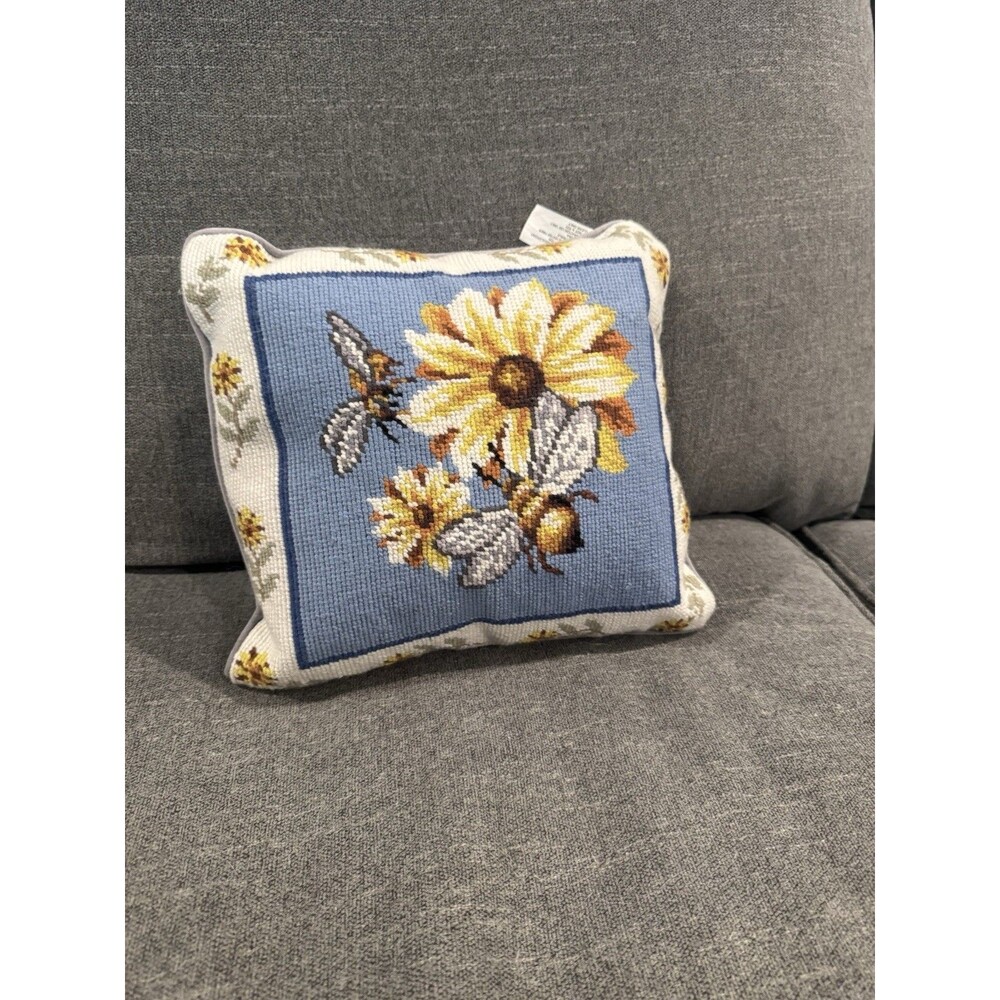 Vintage Needlepoint Pillow Bees & Flower Approximately 11×11"